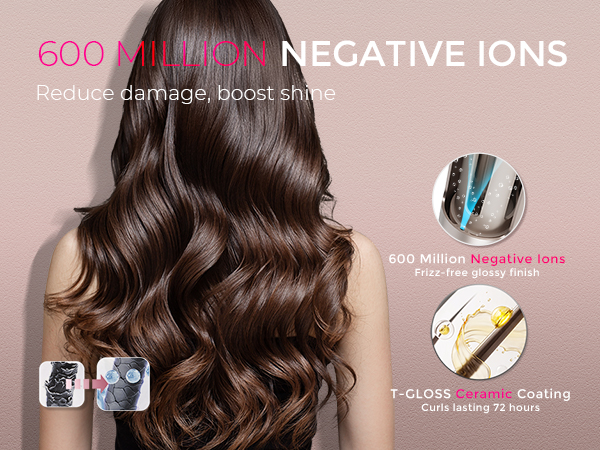 Hair styling product advertisement showing waves of dark hair and text highlighting '600 MILLION NEGATIVE IONS' technology with 'THRAU' branding.
