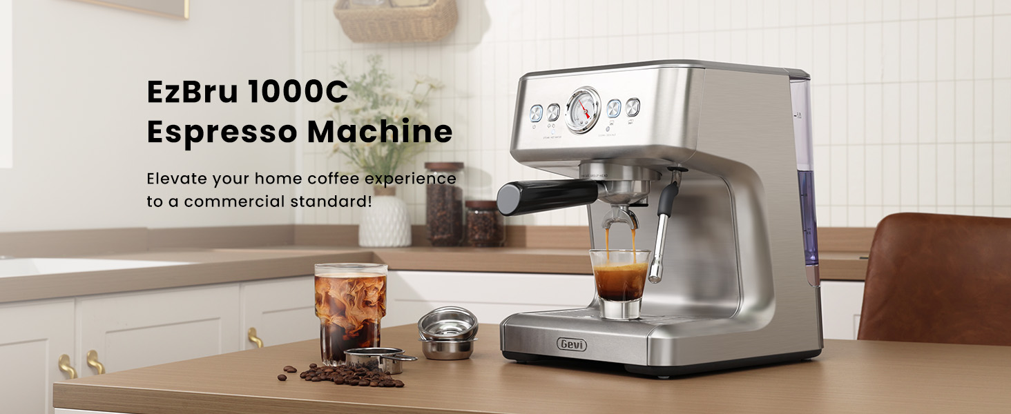 Gevi ECMH0-SS0A1 EzBru 1000C Commercial Grade Espresso Machine | 20Bar Pump + PID Temp Control (Adjustable Shot/Temp) 1