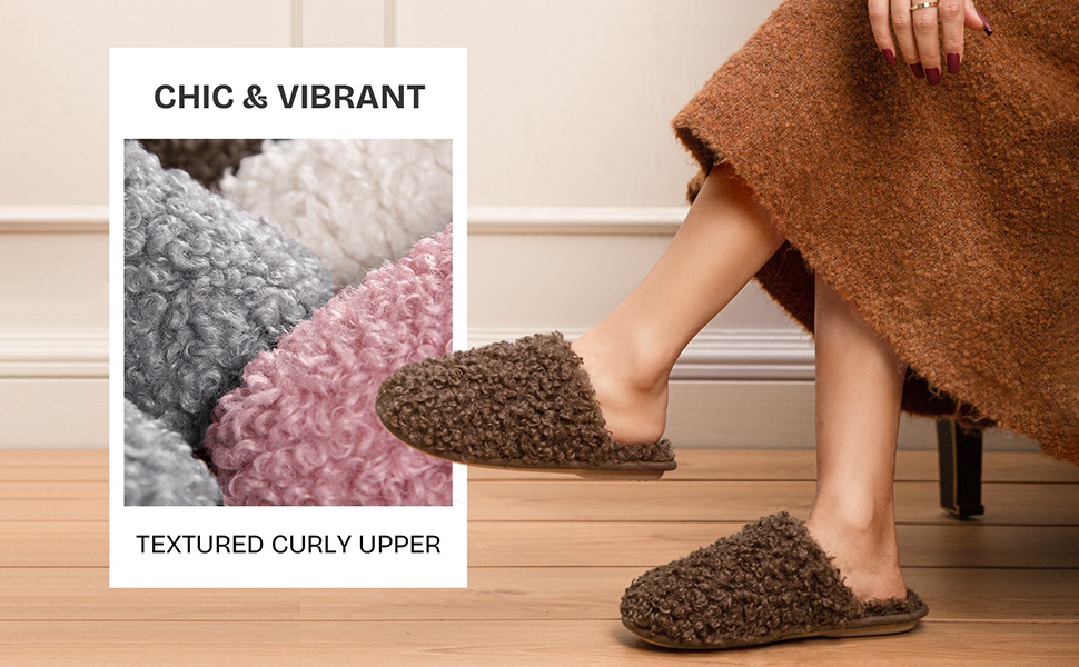 Snug Leaves Women's Scuff Slippers Furry Cute Curly Faux Wool Slip-on Indoor Memory Foam House Shoes 9 1