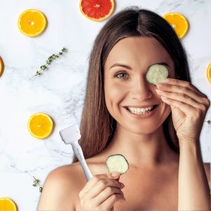 Woman holding derma stamp microneedling device