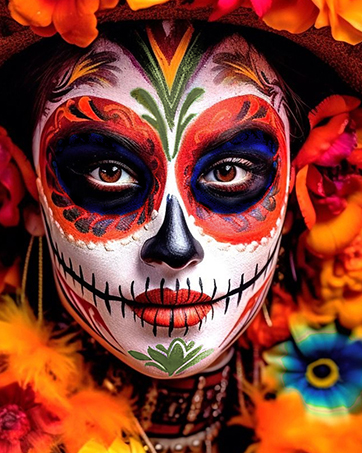 Artistic close-up photos showing vibrant Day of the Dead style makeup with red, black and white face paint against orange and blue backgrounds.