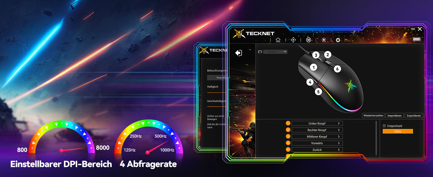 Gaming-Peripherieoberfläche mit RGB-Farbanpassungsmenü mit Regenbogen-Lichteffekten und Mauskonfigurationseinstellungen.