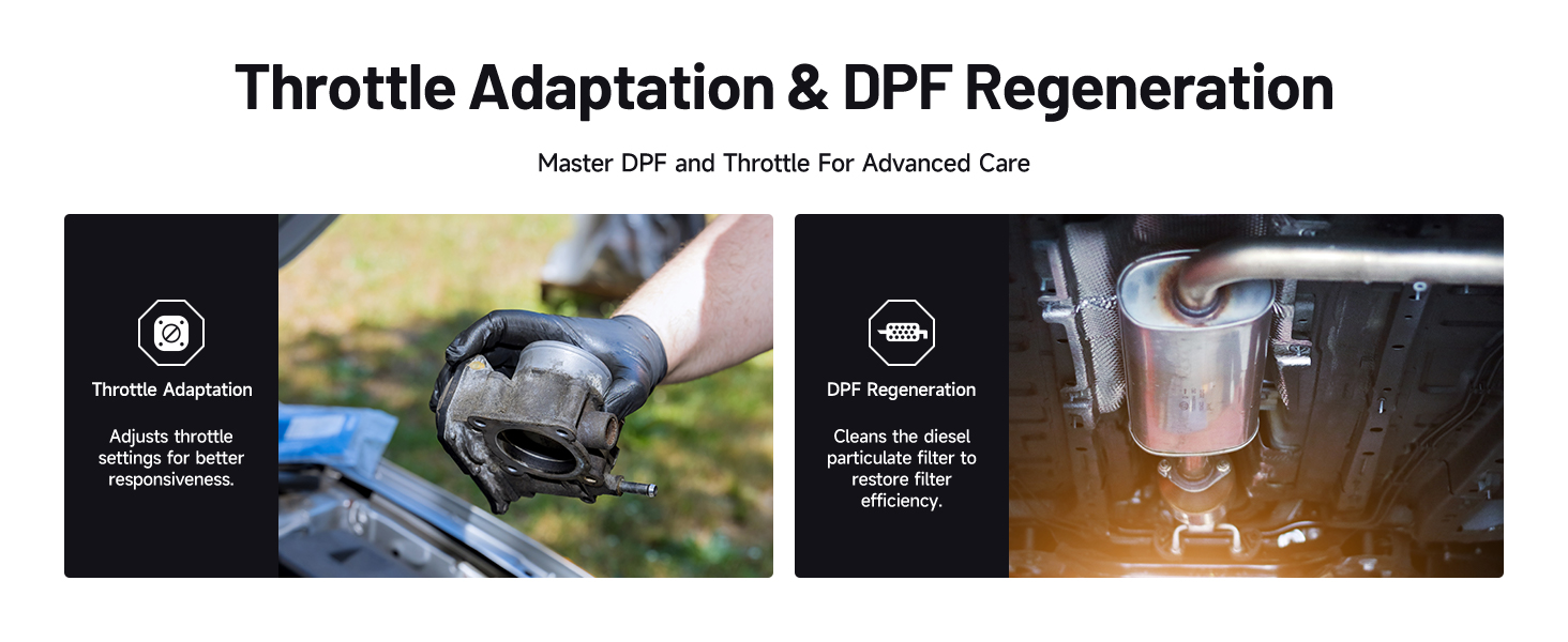 Split image showing automotive controls: throttle adapter installation on left, DPF regeneration system diagram on right.