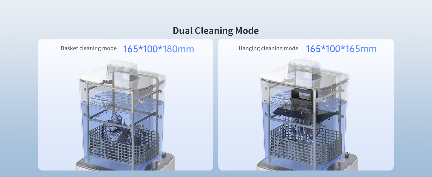 Dual cleaning mode diagram showing dishwasher interior dimensions of 165x100x180mm, displaying two different cleaning configurations side by side.