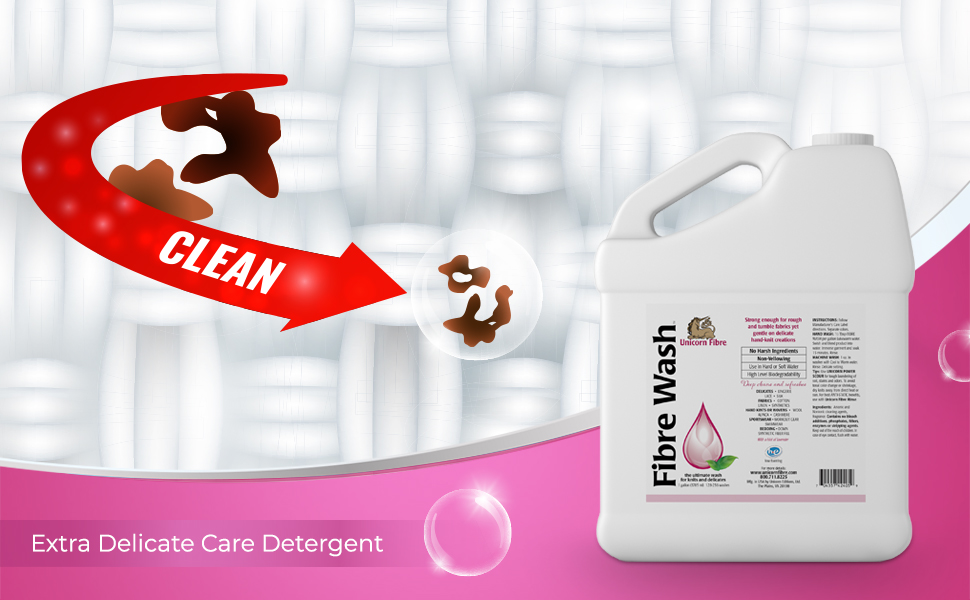 unicorn fibre wash gallon next to clean wool with grime and oil out and clean