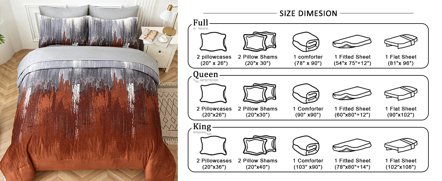 WONGS BEDDING Comforter Set King, Thanksgiving Burnt Orange 7 Pieces Bed in a Bag Abstract Gradient Soft Microfiber Fall Terracotta Bedding Set with Flat Sheet, Fitted Sheet, Pillow Shams, Pillowcases Burnt Orange Comforter