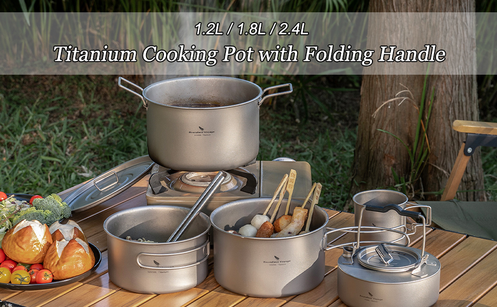1.2L Titanium Soup Pot with Lid Camping Cookware with Foldable Handle