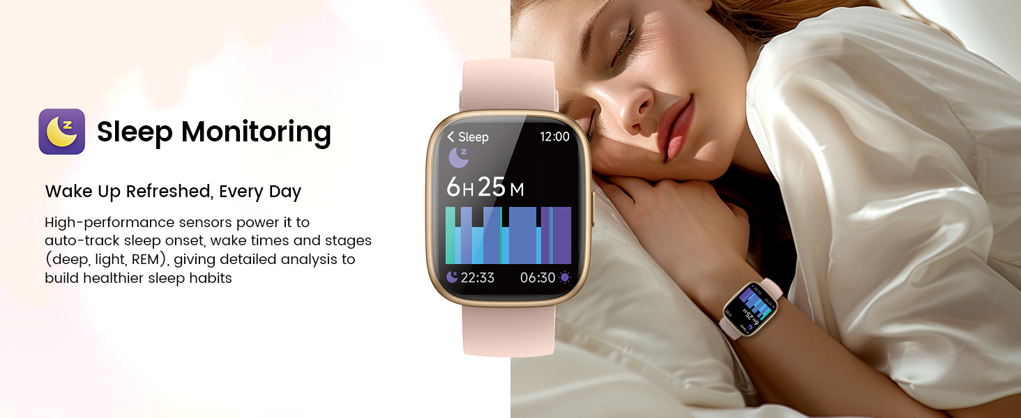 Text reads 'Sleep Monitoring'. Mobile app interface showing sleep tracking data with dark theme and graphs.