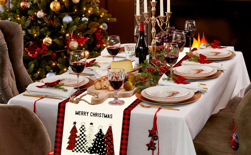Christmas Table Runners, Linen Christmas Tree Dinner Table Cloth for
