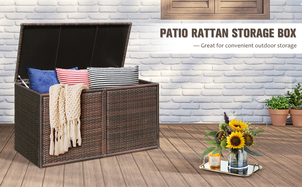 Tangkula Outdoor Wicker Storage Box, Garden Deck Bin with