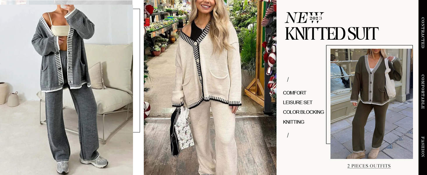 Women's Sweater Sets Two Piece Outfits Knitt Button Down Cardigan Loungewear Tracksuits