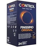 Caja de preservativos Control Finissimo Original en paquete azul, que muestra una cantidad de 24 unidades. Se muestran varios ángulos del embalaje minorista.