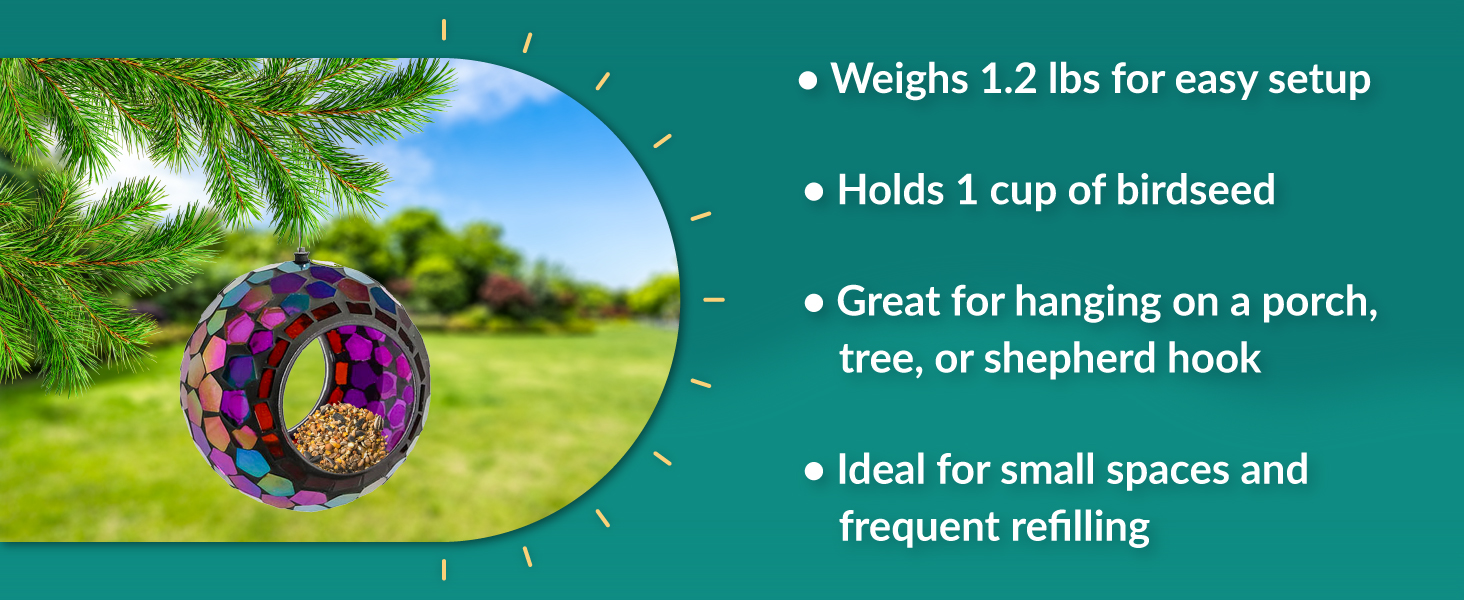 Weighs 1.2 pounds for easy setup holds 1 cup of birdseed hang on a porch tree or shepherd hook