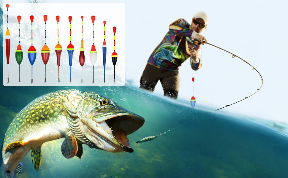 Fishing lures display showing multiple colorful bobbers arranged in a row, followed by action shots of fishermen casting lines over water.