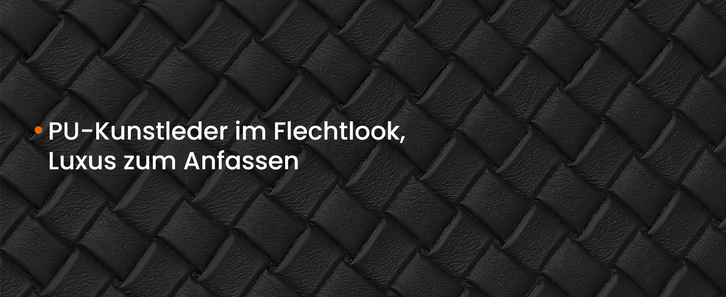 Nahaufnahme von schwarzem strukturiertem Material mit rautenförmigem Muster. Im deutschen Text wird PU-Kunstleder (Kunstleder) mit luxuriöser Weboptik erwähnt