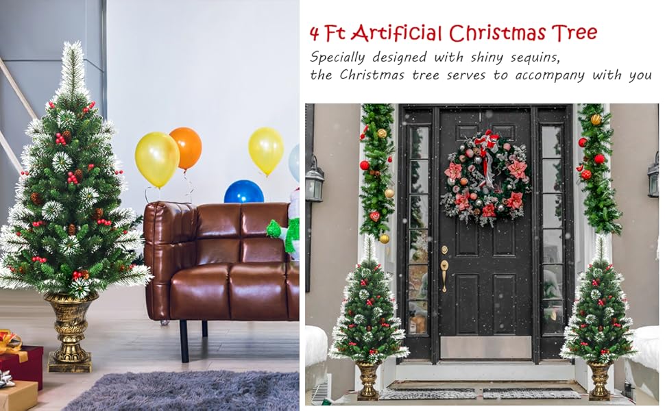 Text reads '7ft Artificial Christmas Tree'. Multiple images showing decorated artificial Christmas trees in different settings and stages of assembly.