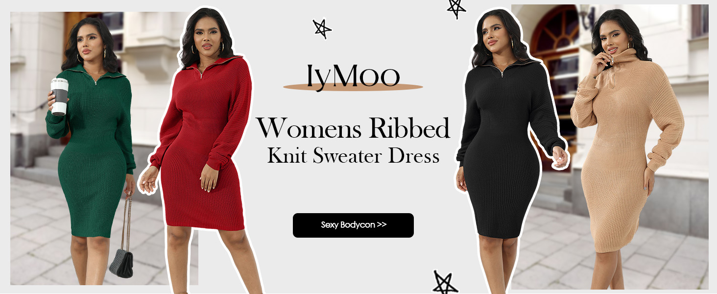 Women's 2024 Long Sleeve Sweater Dress V Neck Slim Fit Ribbed Knit Bodycon Midi Dress