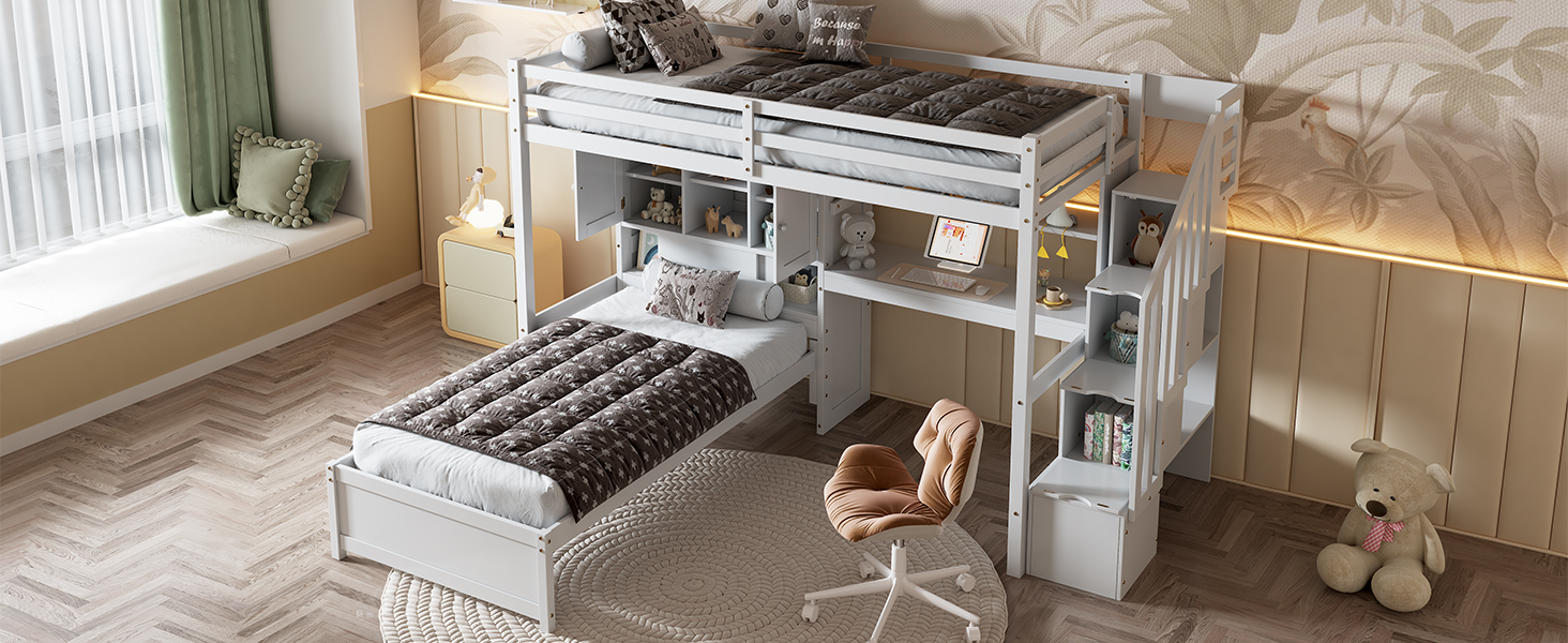 Twin Over Twin Loft Bed with Builtin Desk and Staircase