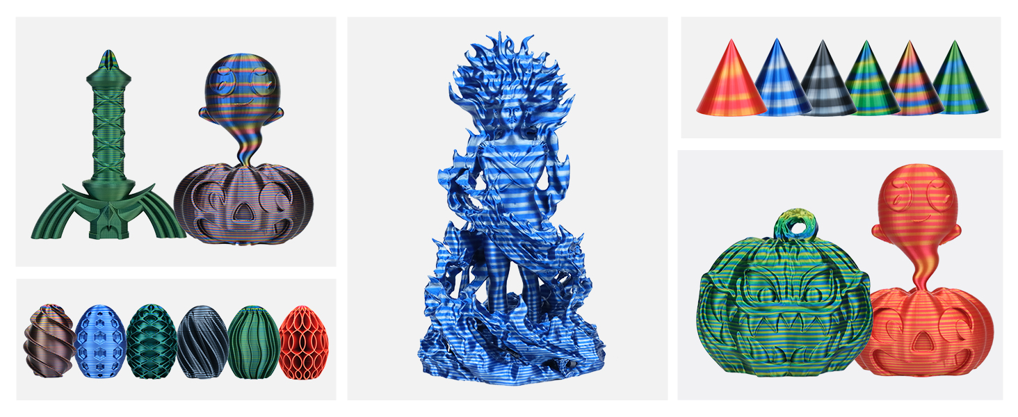 Collection d'objets décoratifs imprimés en 3D, notamment des articles sur le thème des dragons, des œufs à motifs, des cônes géométriques et des décorations de saison en forme de citrouilles de différentes couleurs et
