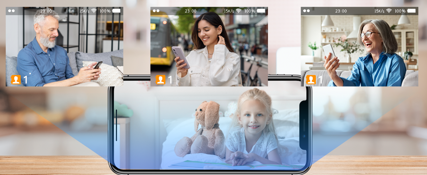 Composite image showing multiple video call screens above a device display. The device screen shows two young children.