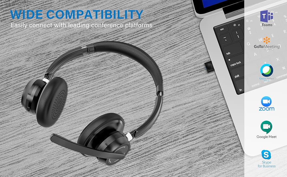 SUNITEC Headset mit Mikrofon, Kabellos Bluetooth Headset mit Mikrofon, 45H Stunden Sprechzeit