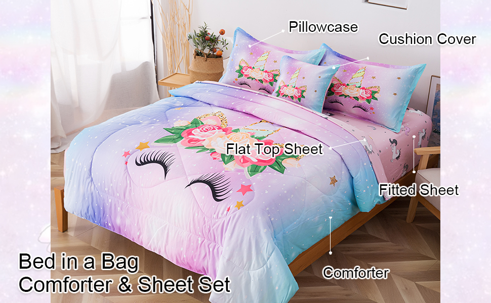 qjmiaofang Unicorn Comforter Set Twin Size for Girls Kids 6 Pieces Pink