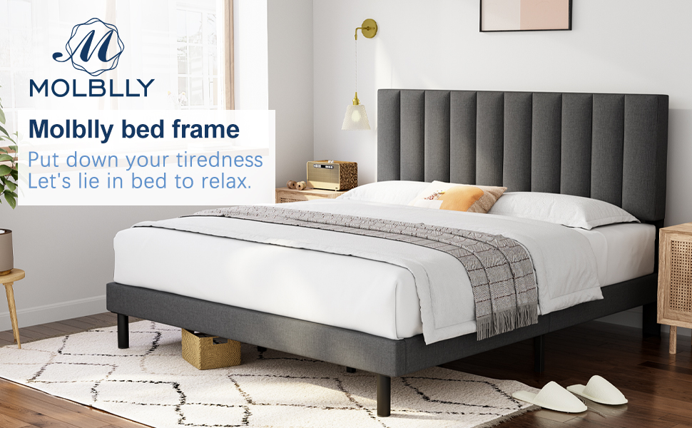 King Size Bed Frame, Molblly King Bed Frame with Upholstered Headboard