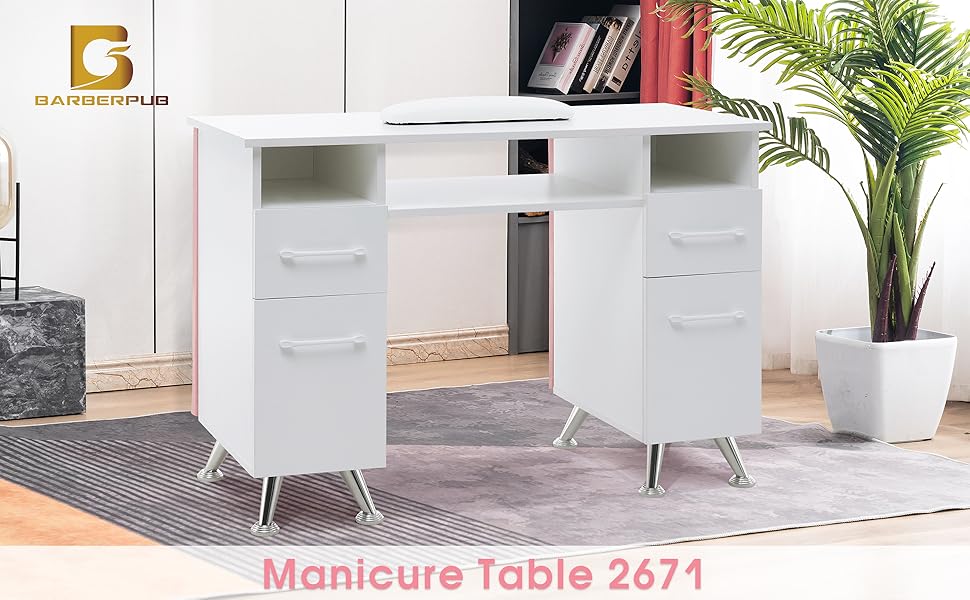 BarberPub Manicure Table with Drawers, Acetone Resistant