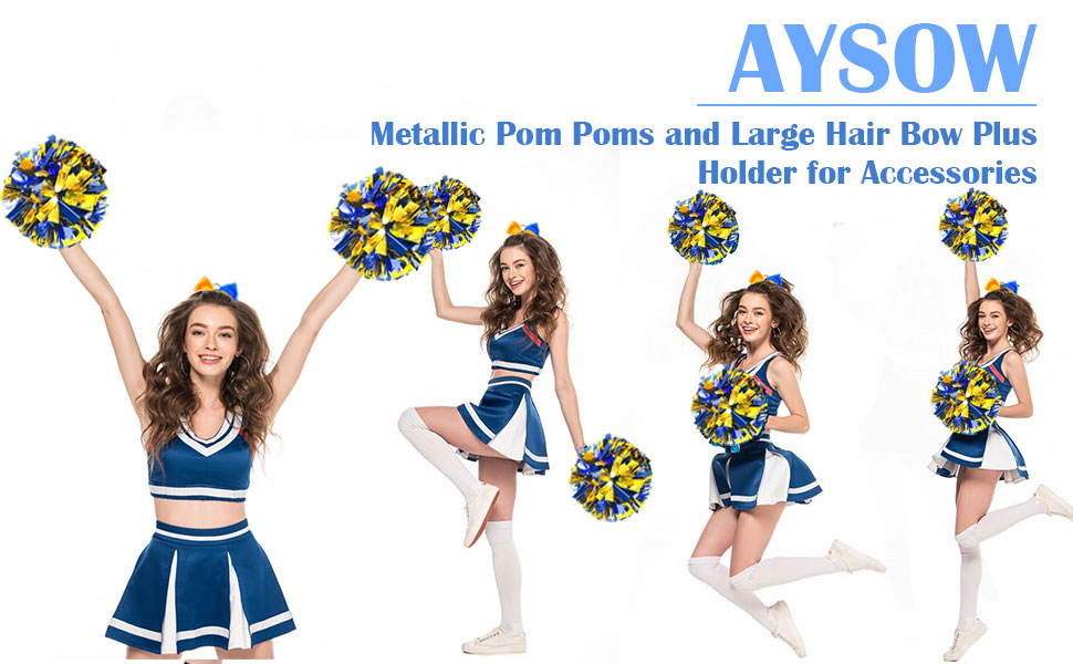 metallic cheerleading pom poms and large hair bow plus pom holder