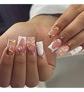 White French Tip Press on Nails Gold Chrome Fake Nails Flower Glue on Nails with Pearl Design Med...