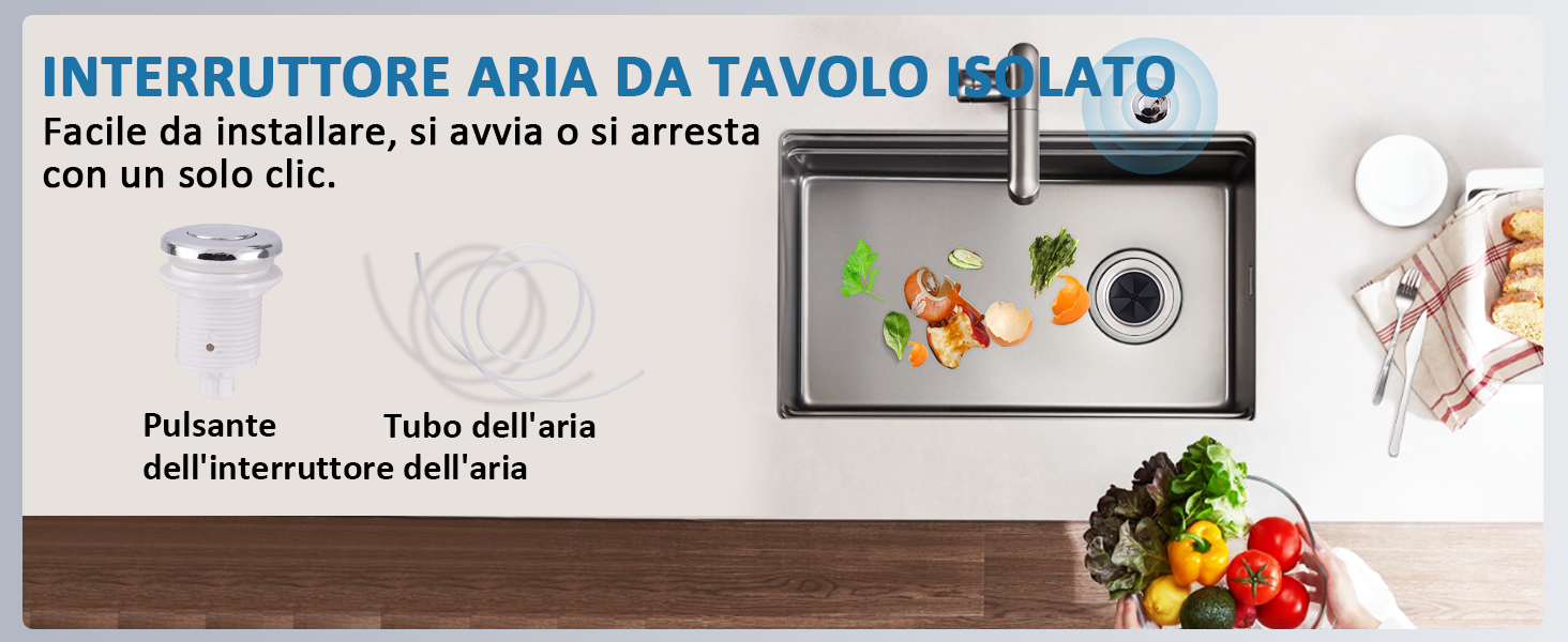 Dispositivo di commutazione dell'aria da tavolo con testo in italiano. Mostra il processo di installazione e l'utilizzo di frutta e verdura