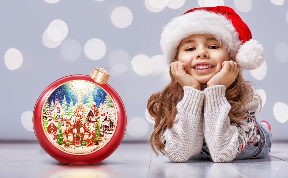 Christmas Snow Globes, Singing Round Red Christmas Lantern Sparkling Lights with 6h