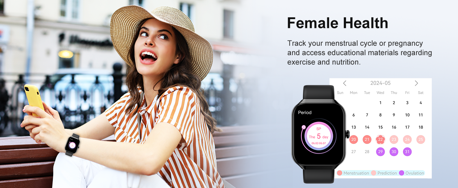 Smartwatch displaying female health tracking features. Calendar and cycle information visible on watch screen. Woman in background holding smartphone.