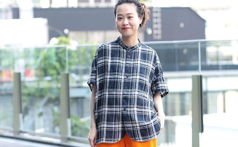 Amazon | [ビームスボーイ] 半袖シャツ リネン チェック スタンド