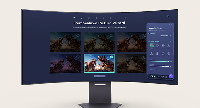 Le texte indique « Personalized Picture Wizard ». Grand écran d'ordinateur affichant une interface de retouche photo avec plusieurs vignettes d'images et des commandes de réglage sur fond sombre.