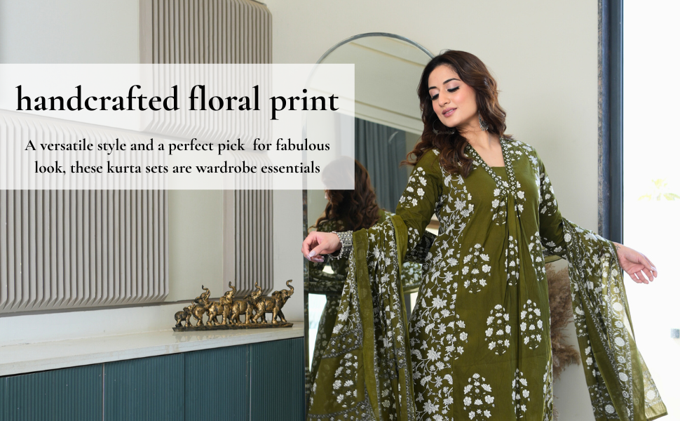 Arayna Women's Pure Cotton Block Printed Ethnic Wear Kurta Set with Palazzo Pants & Dupatta