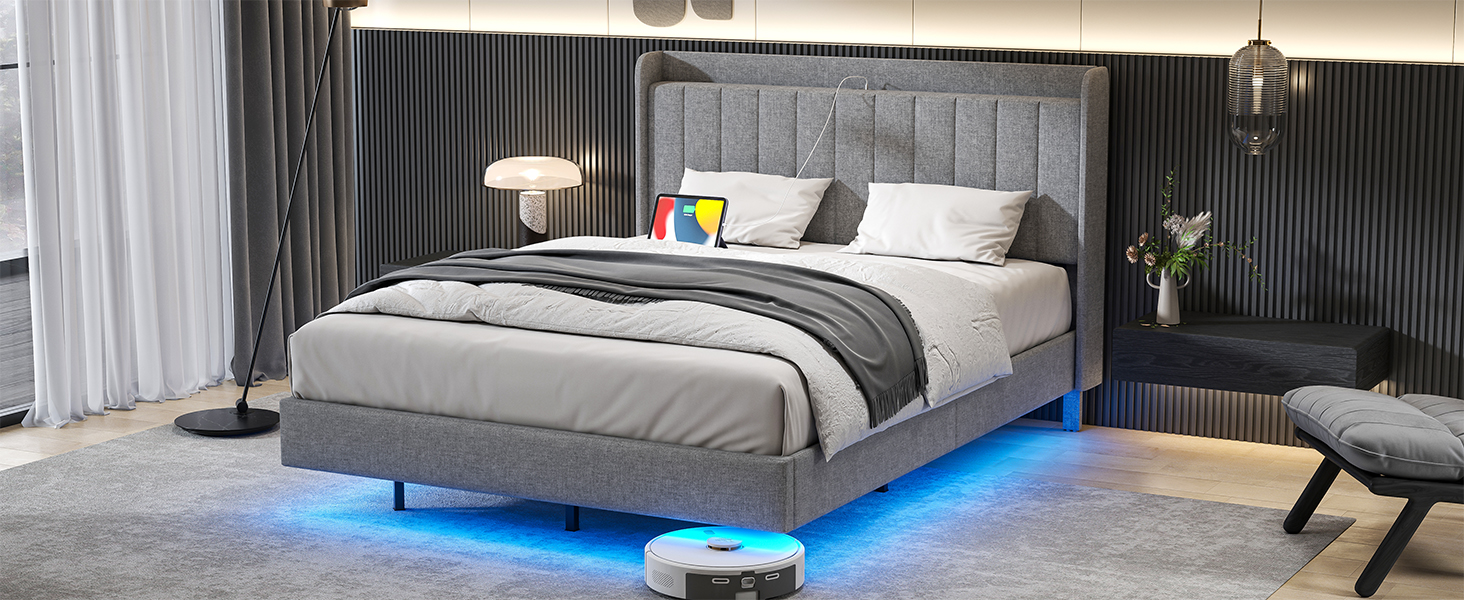 GarveeHome Queen Floating Bed Frame with Charging Station