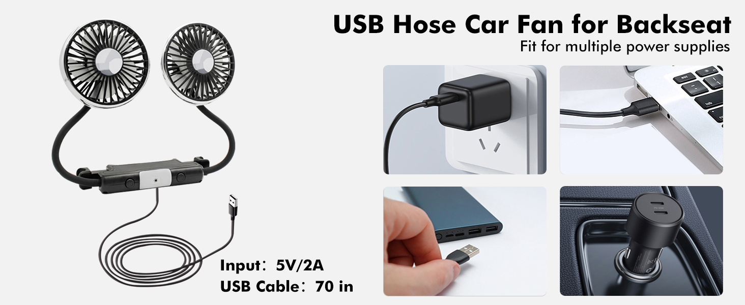 Hose Car Fan for Backseat Kids with Led Lights, USB Fan for Backseat of Car