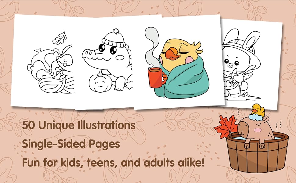 50 unique illustrations. Single-sided pages. Fun for kids, teens, and adults of all ages.