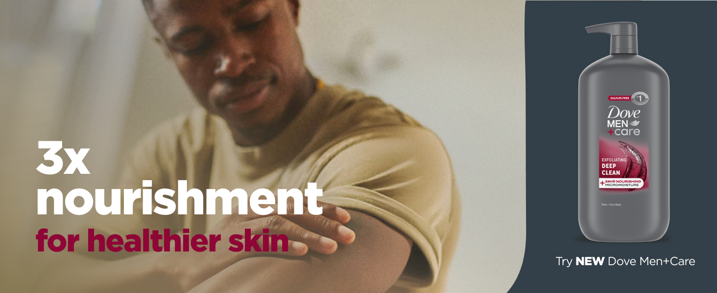 Headline talking about 3x nourishment for healthier skin, next to the product & a man applying it.