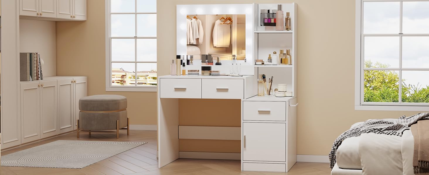 clicliet Vanity Desk with Mirror and Lights, Makeup Vanity