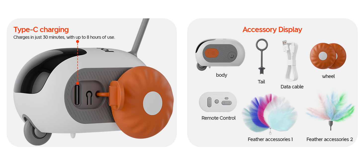 Weiße und orangefarbene kabellose Ohrhörer mit Ladeetui. Auf dem Display werden verschiedene Zubehörteile wie Schlüsselbund, Riemen und farbenfrohe Ohrhörerabdeckungen