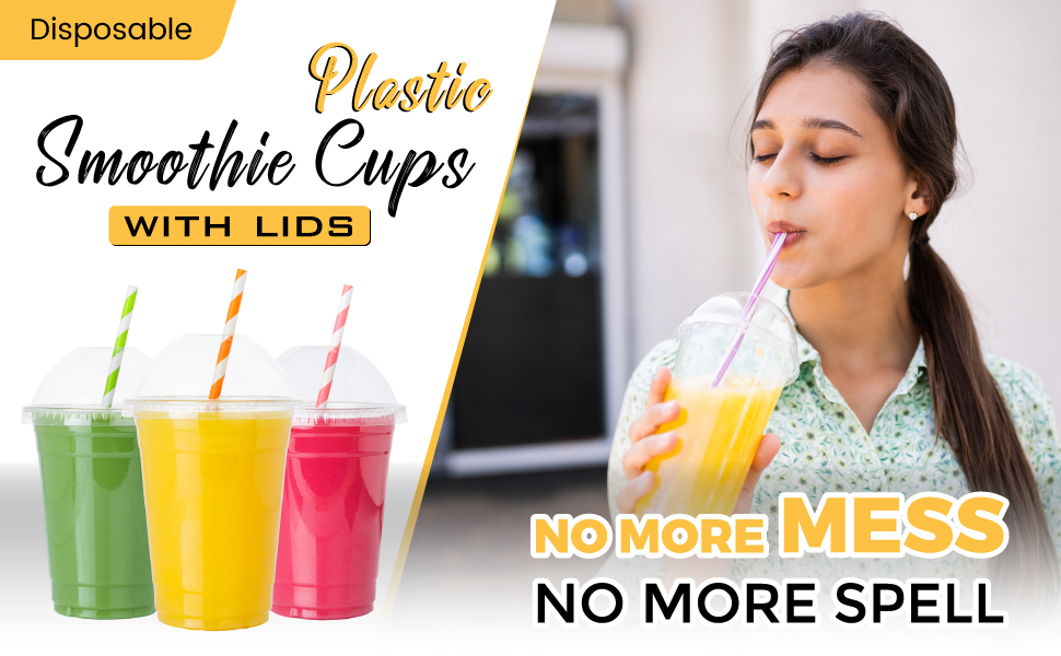 CHEF ROYALE 100 x 16oz PET Smoothie Cups with Dome Lids Plastic Cups with Lids Smoothie Cup