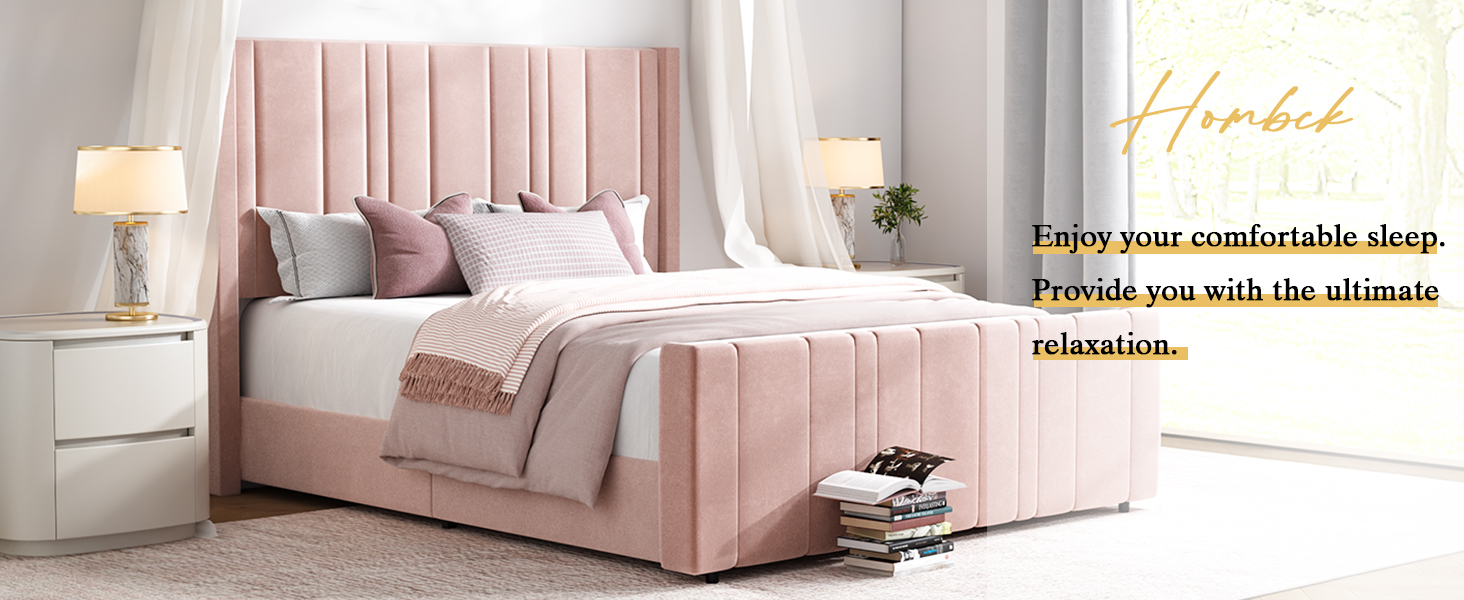 HOMBCK Full Size Bed Frame, Pink Soft Bed Frame with