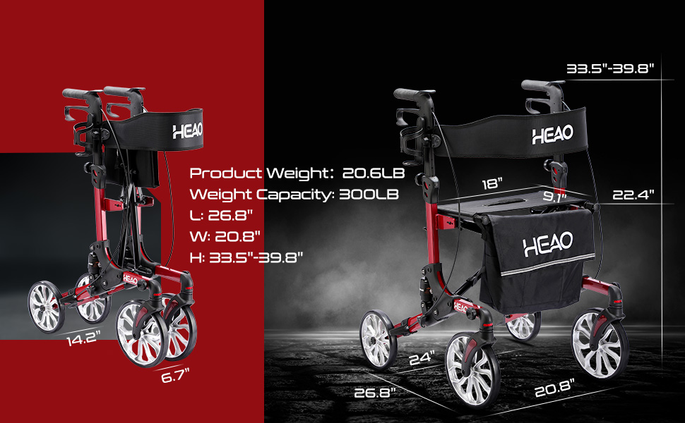 HEAO Rollator Walker with Shock Absorber, Easily Folds with