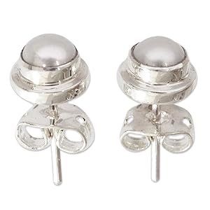 NOVICA Handmade .925 Sterling Silver Pearl Stud Earrings for women jewelry fashion accessory gift