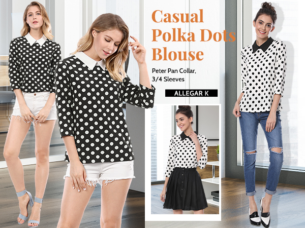 Allegra K Women's Polka Dot Top Casual Peter Pan Collar