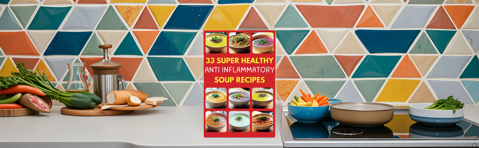 A rustic wooden table with a steaming bowl of soup surrounded by fresh vegetables and herbs.