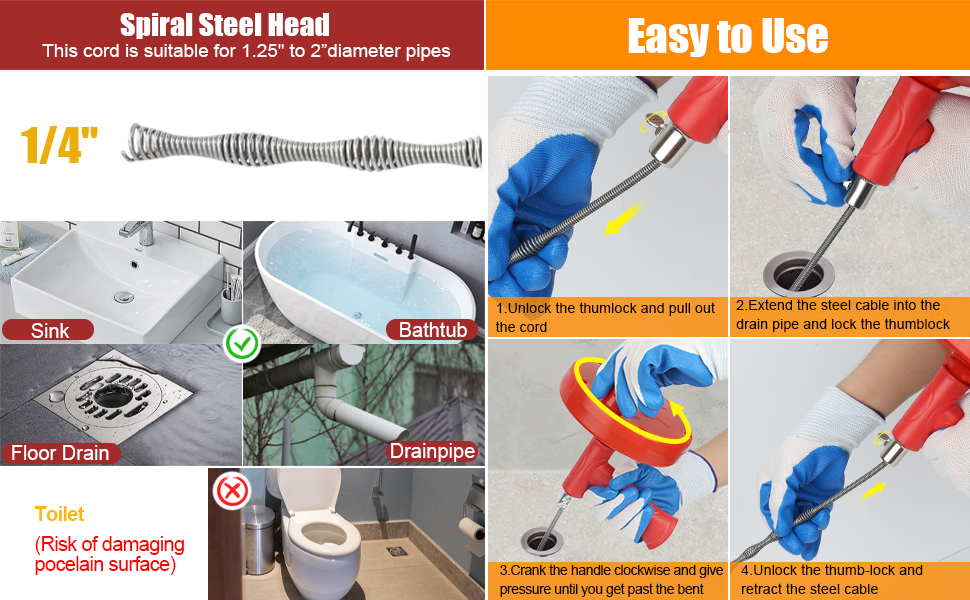 Vastar Drain Unblocker Set, 1*7.62M Drain Auger, 3*Drain Snake and 1*Drain Rod, Toilet Drain