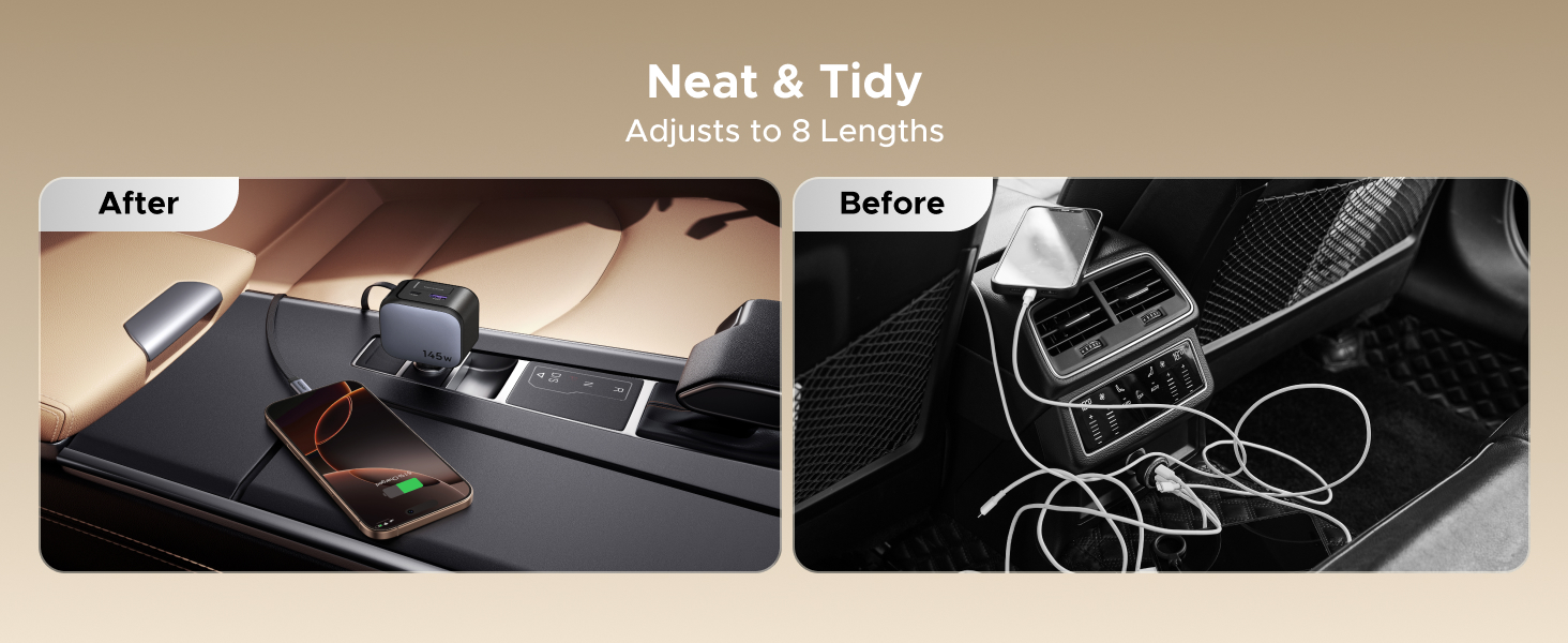 Before using the UGREEN Nexode Car Charger 145W with Retractable USB-C Cable, cables were messy and tangled; now with 8 adjustable lengths, this travel charger keeps in-car charging neat and organized during travel.
